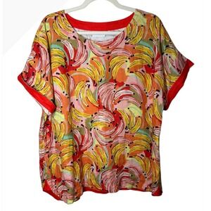 FOIL Banana Print Linen Blend Short Sleeve Top Women's Size 12 Orange Red Yellow